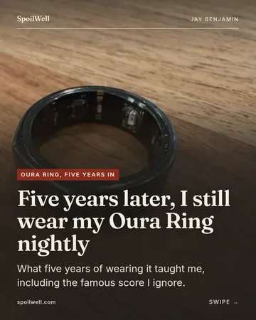 Carousel cover: Five years later, I still wear my Oura Ring nightly. A close-up of the ring.
