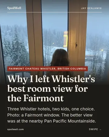 Carousel cover: Why I left Whistler's best room view for the Fairmont. A snowy view from a hotel window.